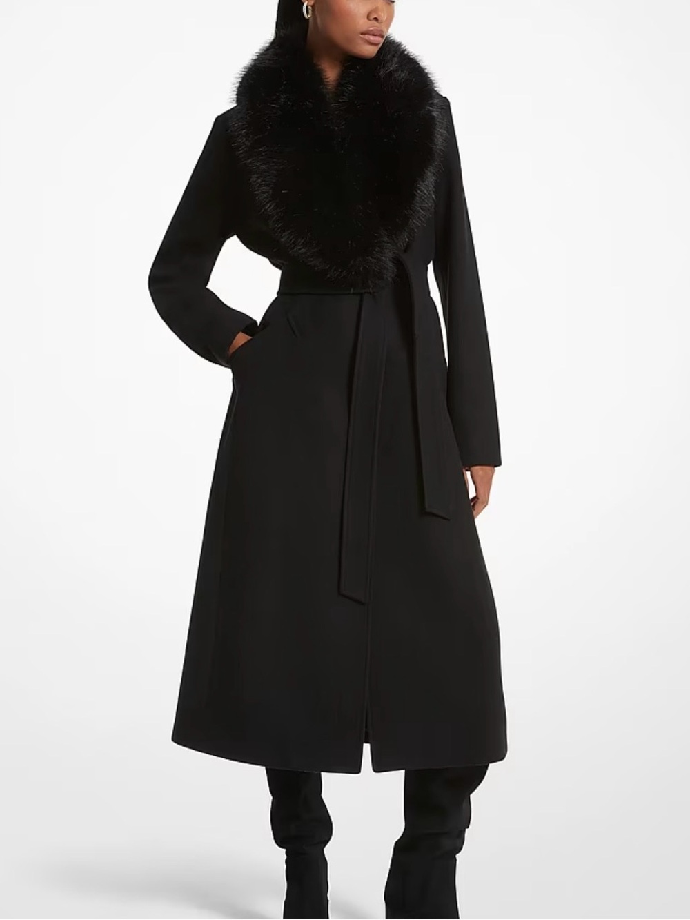 MICHAEL Michael Kors Black Coat with Faux Fur Trim Wool Blend Coat - Picture 2 of 12